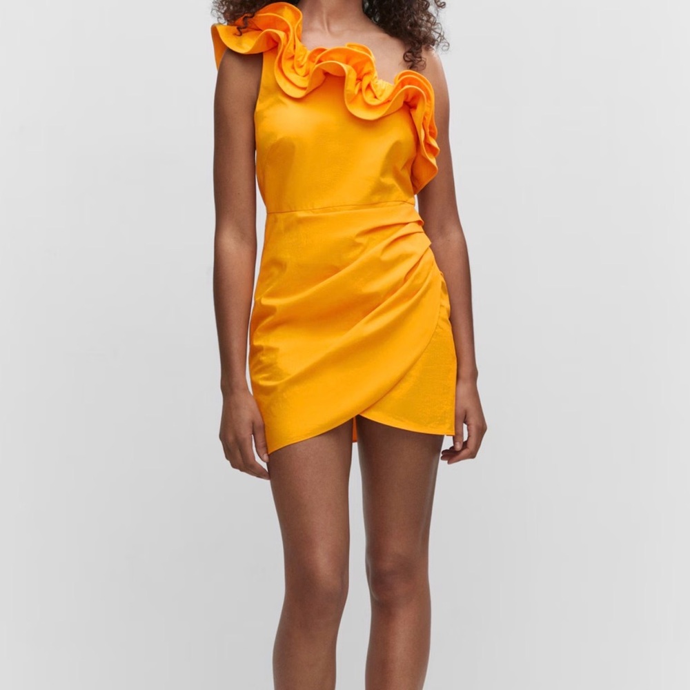 Mango One-Shoulder Ruffle Mini Dress in Orange